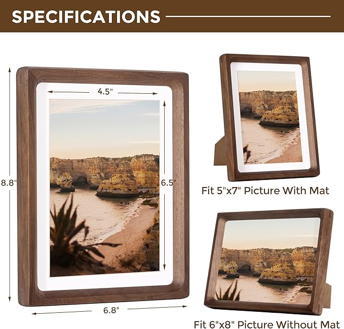 6x8 Frame USA-Sourced Natural Walnut Wood Solid Wood Photo Frame Handcrafted Rounded Corner with Mat to 5x7 Picture Frames Display with Real Glass Family Picture, Wedding Picture, Photo, Certificate
