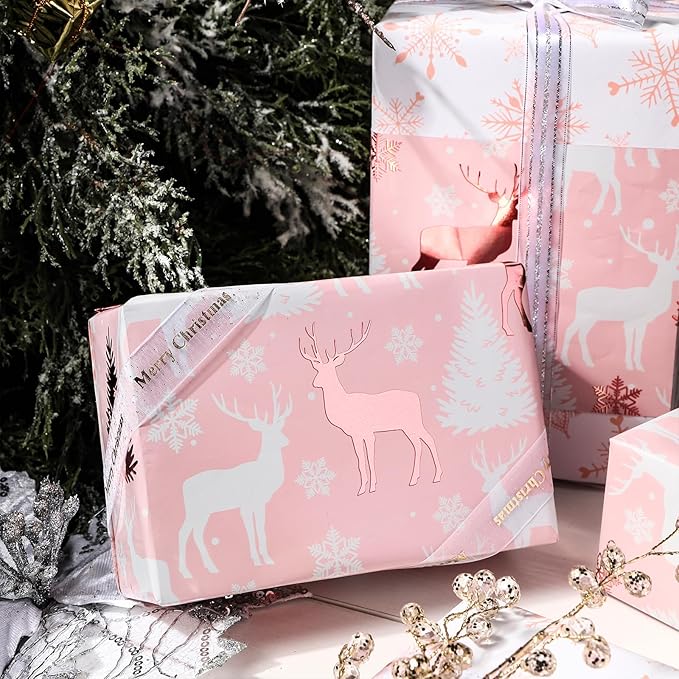 LeZakaa Christmas Pink Wrapping Paper Mini Roll, Reindeer & Snowflake, Metallic Foil, Rose Gold Foil Reversible Design for Festive Winter Holiday, Family Gathering, 17 inches x 32.8 Feet