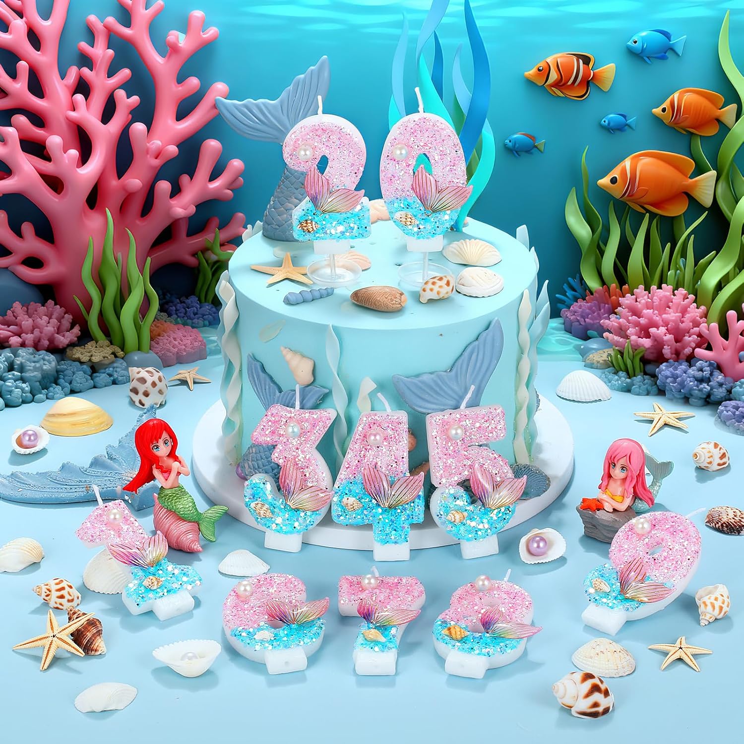 AKURIEEY Mermaid 3rd Birthday Candle Pink Blue Numbers 3 Candle for Girls Cake Topper Cupcake Decorations Ocean Theme Party Decor Anniversary Celebrations Supplies
