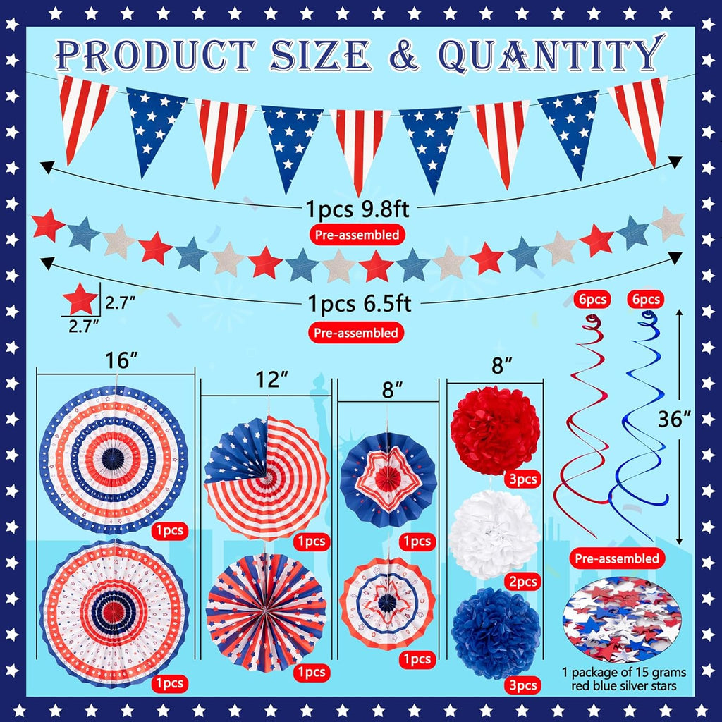 29PCS 4th/Fourth of July Patriotic Decorations Set | 250th Anniversary,Red White Blue Paper Fans,USA Flag Pennant,Star Streamer,Pom Poms,Hanging Swirls,Party Decor Supplies