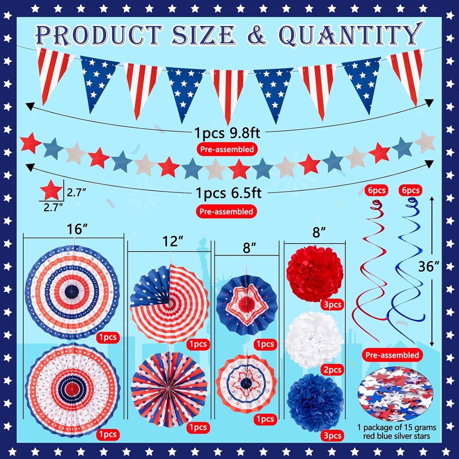 29PCS 4th/Fourth of July Patriotic Decorations Set | 250th Anniversary,Red White Blue Paper Fans,USA Flag Pennant,Star Streamer,Pom Poms,Hanging Swirls,Party Decor Supplies