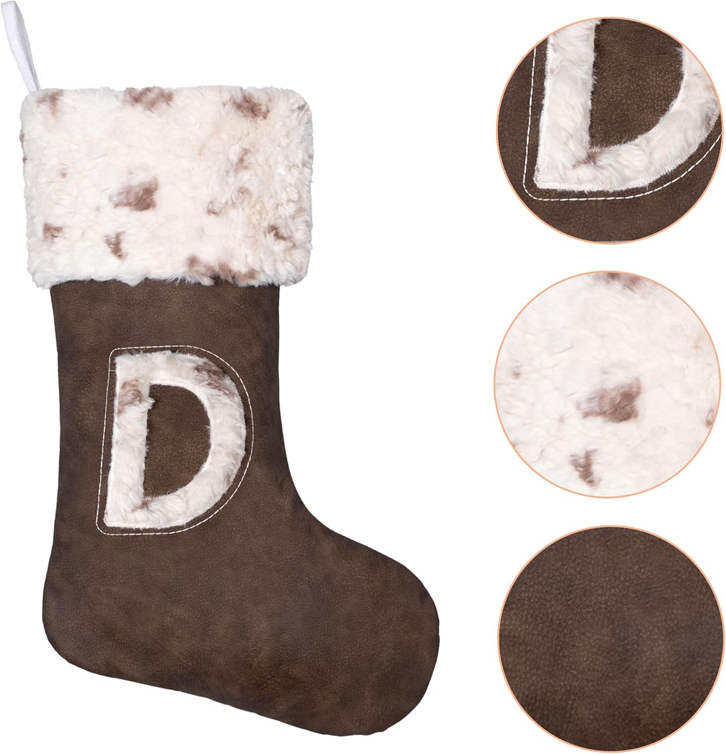 BHD BEAUTY Initial Christmas Stockings 2025 Monogram Personalized Brown-Leather Soft Faux Fur Embroidery for Family Decorations Hanging Ornament for Xmas Holiday Party Letter J