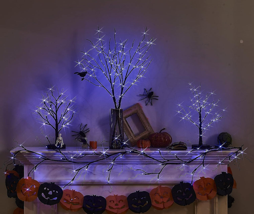 litbloom lighted black glittered garland with 48 orange, front angle view