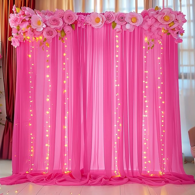 10ft x 10ft Hot Pink Backdrop Curtains, Wrinkle-Free Sheer Chiffon Fabric Photo Backdrop Drapes for Wedding Arch Party Ceremony Stage Photography Decorations