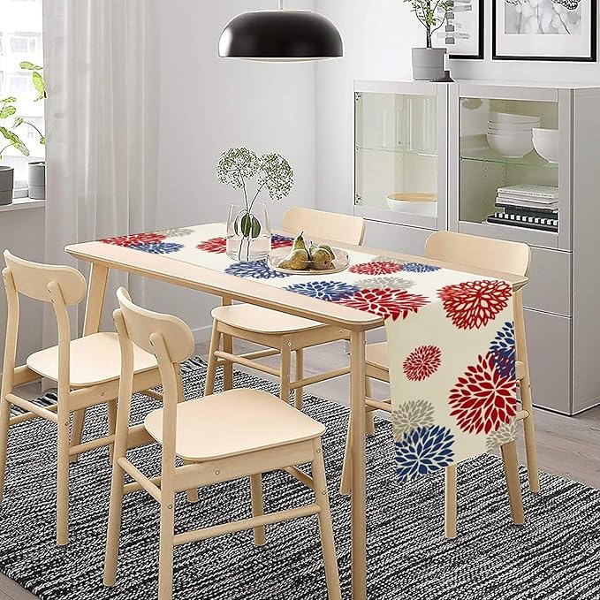 4th of July Table Runner, Blue Red Dahlia Flower American Patriotic Memorial Day Table Runner for Farmhouse Kitchen Dining Table Party Decor, 13x36inch