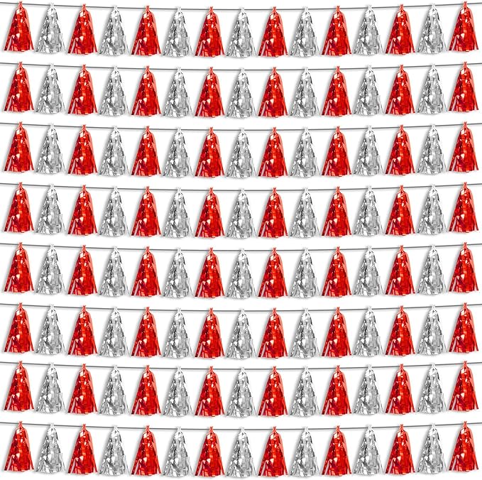 8P Red Silver Foil Fringe Metallic Tassel Streamers Banner Tassel Garland for Parade Floats, Bachelorette, Wedding, Birthday, Halloween, Christmas, Bridal/Baby Shower Party Decorations