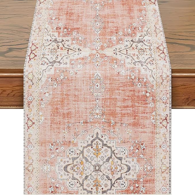 Snycler Table Runner Boho Table Runners Vintage Elegant Farmhouse Table Center Linen Decor for Home Dining Party Entrance (13x48 Inch) Light Pink