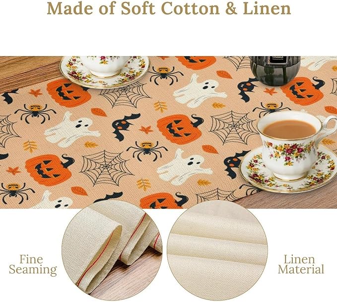 Halloween Table Runner,Cute Ghost Pumpkin Leaves Table Runner for Kitchen Dining Table Decoration Home Party Decor 13x120 Inch