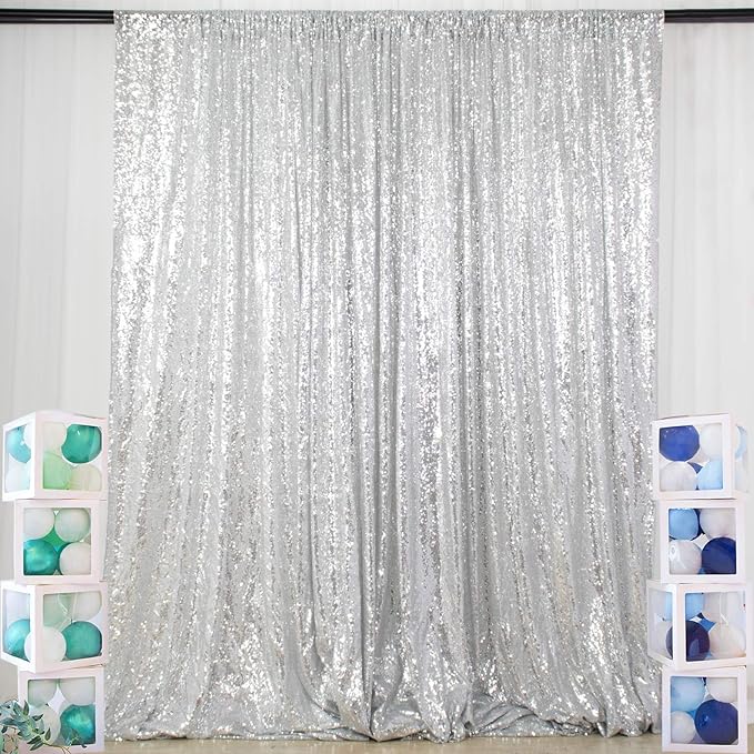 ShinyBeauty Sequin Curtains Silver 4FTx8FT Sequin Photo Backdrop Silver Sequin Backdrop Curtain Glitter Photography Backdrop Bridal Shower Backdrop for Wedding Party Decor