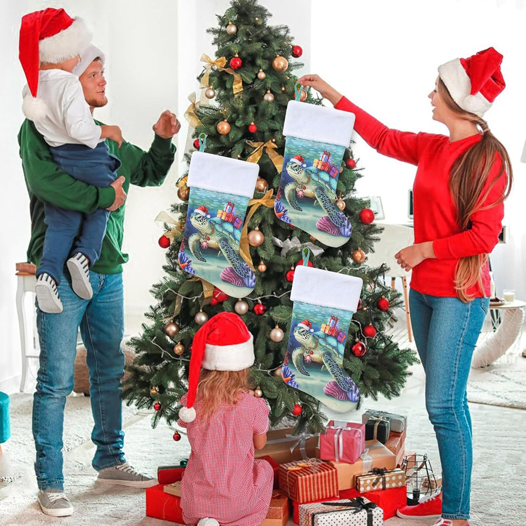 20 Inches Sea Turtle Christmas Stockings, Ocean Turtle Christmas Ornaments Large Hanging Stockings with Plush Cuff for Family Holiday Party Decorations