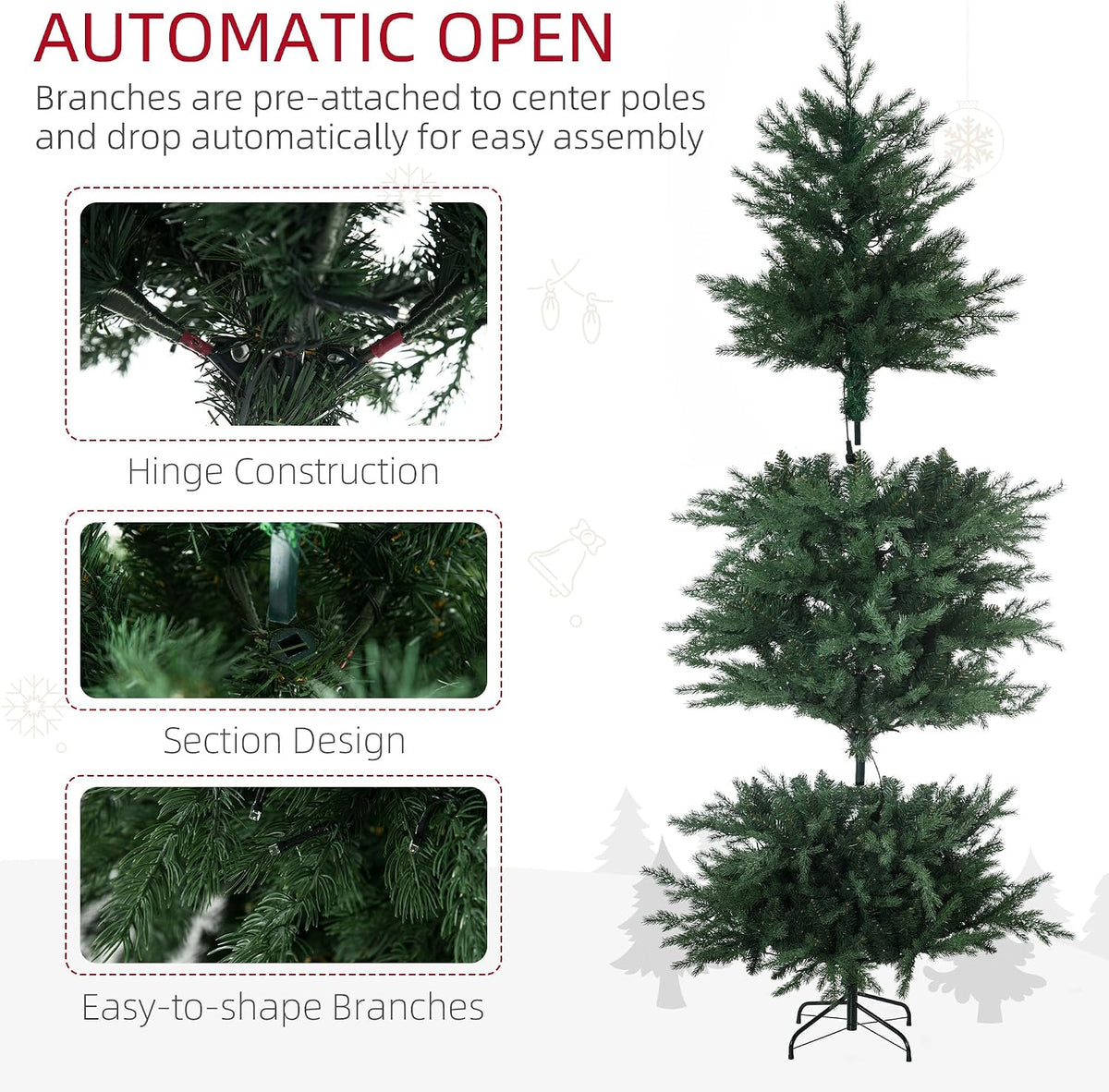 homcom 6ft tall prelit artificial christmas tree with, front angle view