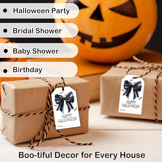 50 Pcs Halloween Tags with String, 2.1"×3.5" Bowknot Paper Gifts Tags, Bat Trick or Treat for Candy, Spider Happy Halloween Gifts Tag Wrap for Party Favor - B06