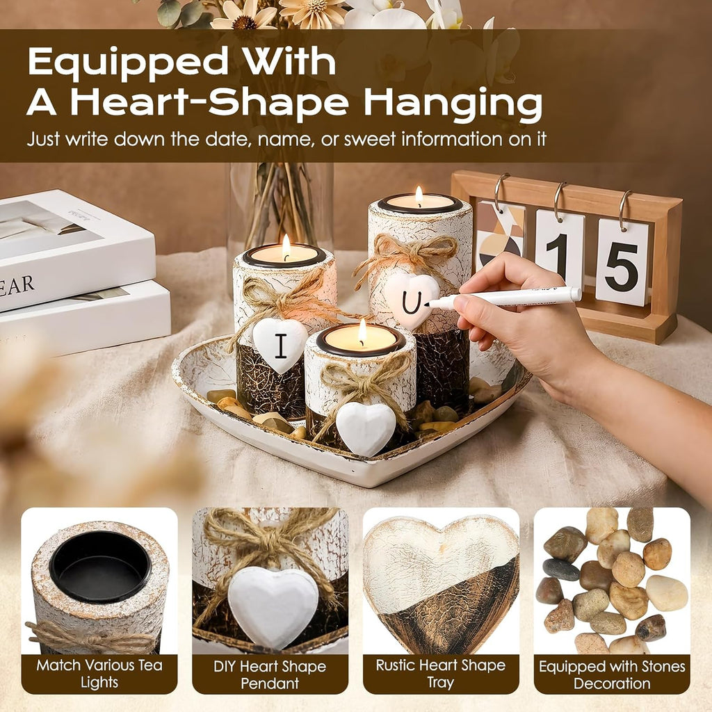 Farmhouse Candle Holders 3 Pack Rustic Wooden Pillar Candle Holder with Heart Tray and Stones Tealight Candles Holders Farmhouse Centerpiece for Coffee Table Mothers Day Valentines Home Decor