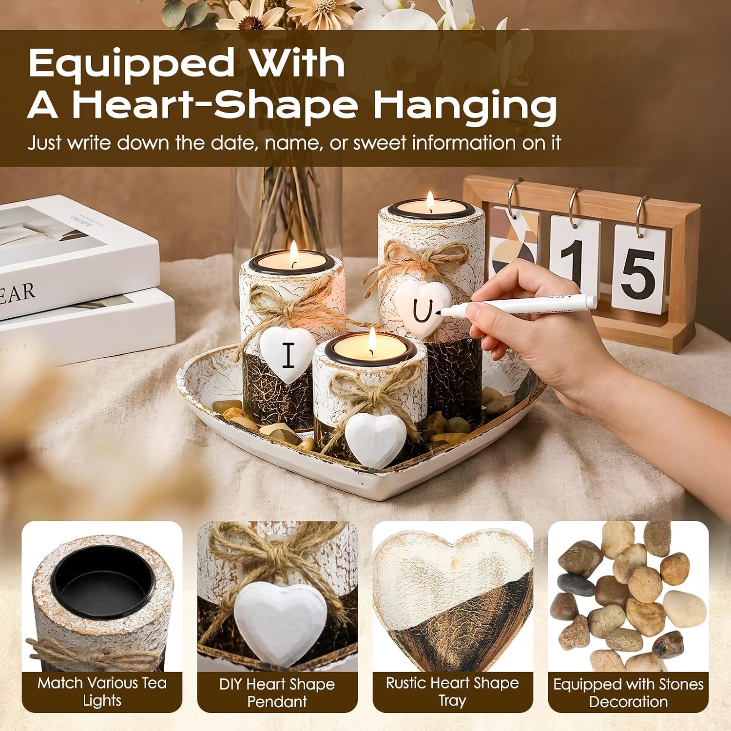 Farmhouse Candle Holders 3 Pack Rustic Wooden Pillar Candle Holder with Heart Tray and Stones Tealight Candles Holders Farmhouse Centerpiece for Coffee Table Mothers Day Valentines Home Decor