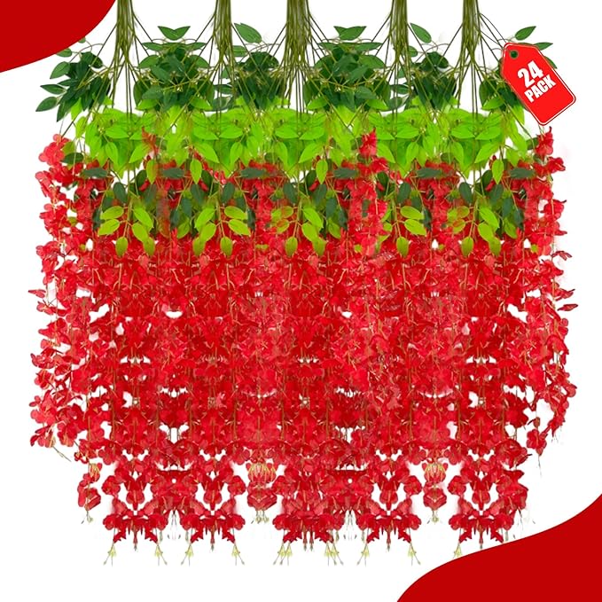 24 Pack Red Wisteria Hanging Flowers, 3.4 Ft Fake Hanging Flowers, Artificial Wisteria Garland Vines for Wedding Room Backdrop Outdoor Patio Garden Decoration