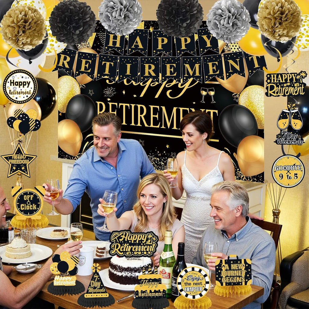 Retirement Party Decorations for Men Women Black Gold Happy Retirement Banner Backdrop Balloons Paper Pompoms Honeycomb Centerpiece Cake Topper Hanging Swirl Set