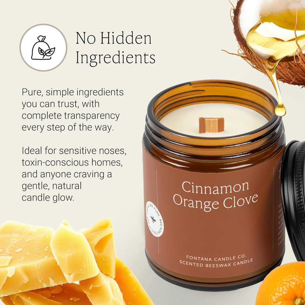 Fontana Candle Co Wood Wick Beeswax Jar Candle, Cinnamon Orange Clove – Made Safe with Coconut Oil & Pure Essential Oils – 35+ Hrs Clean Burn, Long Lasting and Non-Toxic Candles for Home & Room Decor