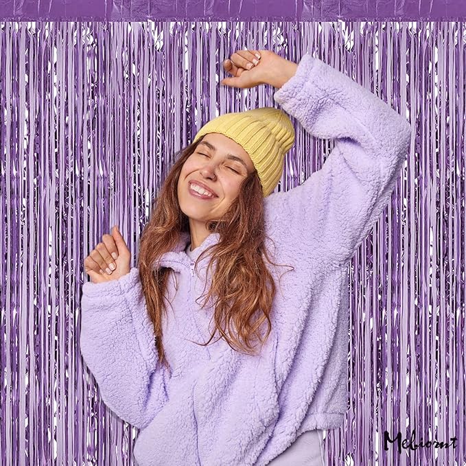 4 Pack Light Purple Fringe Curtain Backdrop, 3.2Ft x 6.6Ft Metallic Tinsel Foil Fringe Streamers Curtains Background for Photo Booth Birthday Baby Shower Party Thanksgiving Christmas Decorations