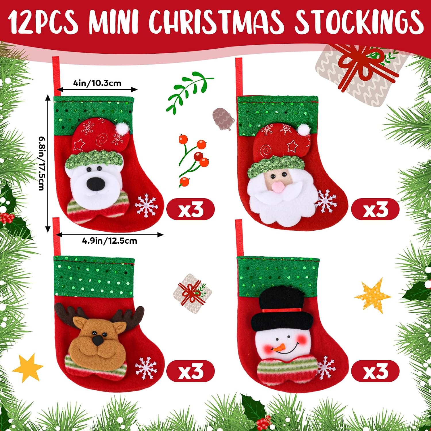 Shappy 12 Pcs Mini Christmas Stockings Bulk 7" Small Felt Christmas Stockings Snowman Polar Bear Santa Claus Reindeer, Candy for Xmas Tree Fireplace Family Pet Party Favors Gift(Green,Sequins)
