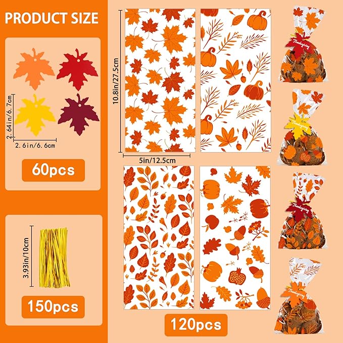 YUJUN 120 PCS Fall Cellophane Treat Bags,Maple Leaves Gift Goodie Candy Autumn Clear Cello Bags with 60 Pieces Maple Leaves Tags for Fall Autumn Thanksgiving Theme Party Favor Supplies(4 Styles)