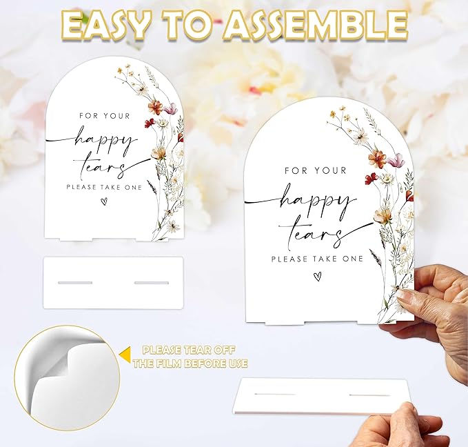 Boho Floral Happy Tears Tissue Sign, 6 x 8 Inch White Arch Acrylic Wedding Sign with Holder, Wedding Sign for Ceremony and Reception, Wedding Decoration, Wedding Supplies - BX25