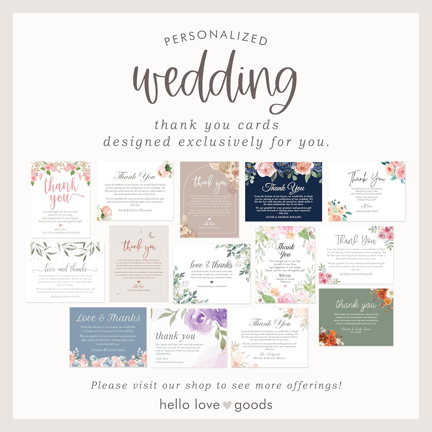 Personalized Wedding Thank You Cards with Envelopes, Flat 4.25 x 5.5 Custom Thank You Notes, Blue Floral Wedding Thank You Cards (Blue Floral)