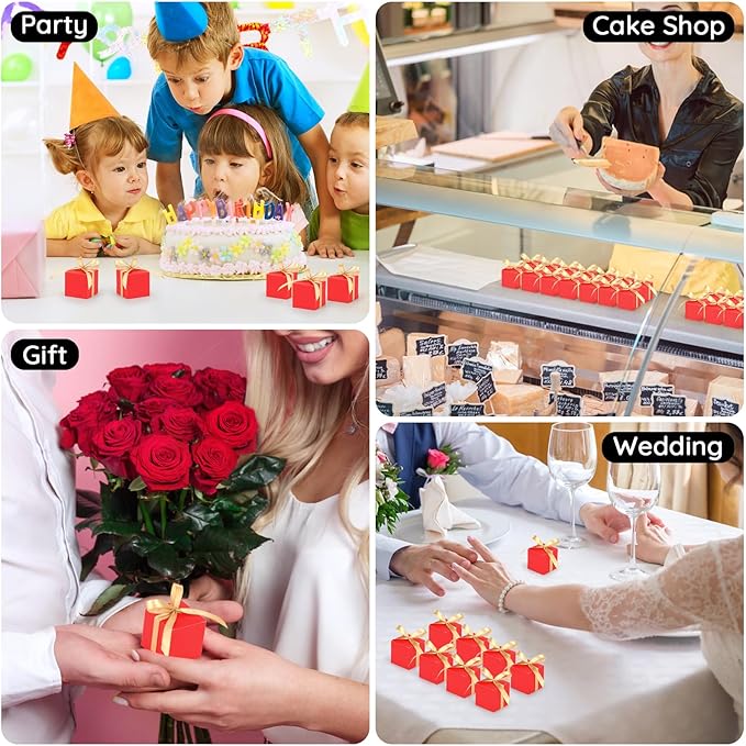 EUSOAR Favor Boxes, 120pcs 2x2x2 Inches Red Small Gift Boxes Candy Box for Party with Gold Ribbon, Mini Cube Soap Box Macaron Chocolate Container for Wedding Birthday Party DIY Favors Supplies