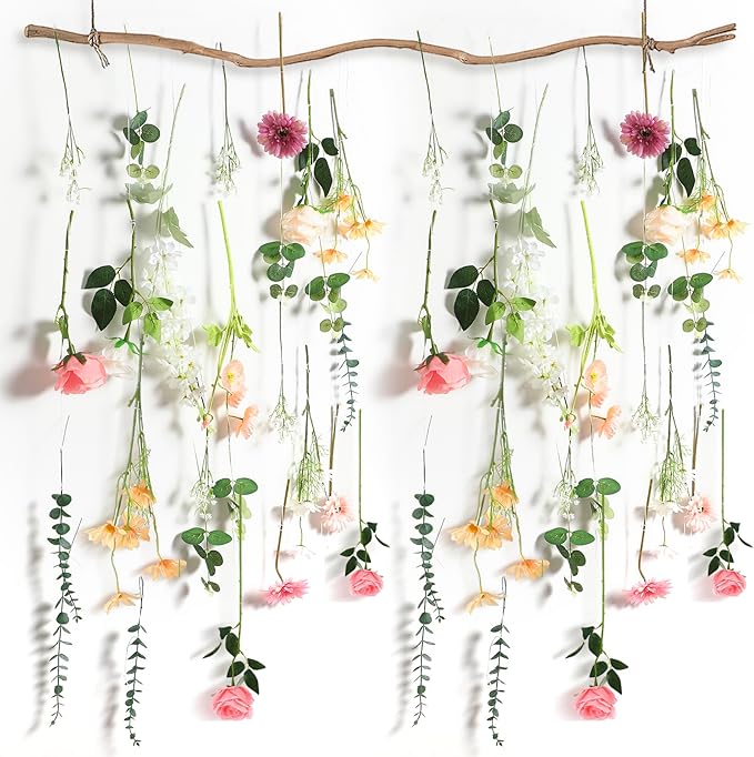 Hoteam 51 Pcs DIY Flower Garland Artificial Hanging Wildflower Backdrop Set Fake Rose Eucalyptus Daisy Poppy Wild Flower Decor for Wedding Party Birthday Home Garden (White,Champagne,Pink)
