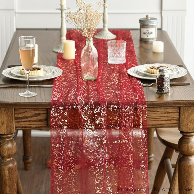 Artoid Mode 3PCS Red Gold Gauze Table Runner 120 Inch 10FT, Glitter Metallic Foil Sheer Dining Wedding Anniversary Holiday Table Decor for Home Party