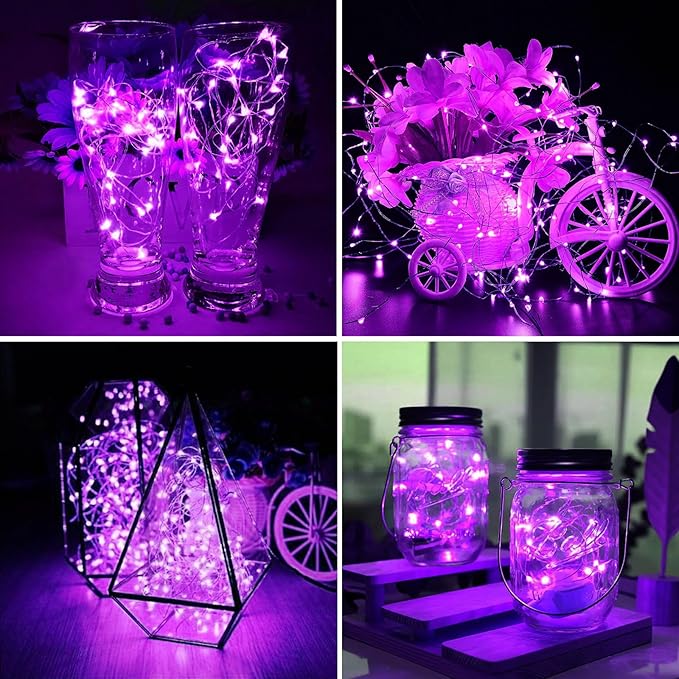 ZGWJ 50 Pack Fairy Lights Battery Operated, 7ft 20 Mini LED Fairy String Lights Silver Wire 3 Modes for DIY, Parties, Wedding, Bedroom, Halloween Christmas Decoration Purple