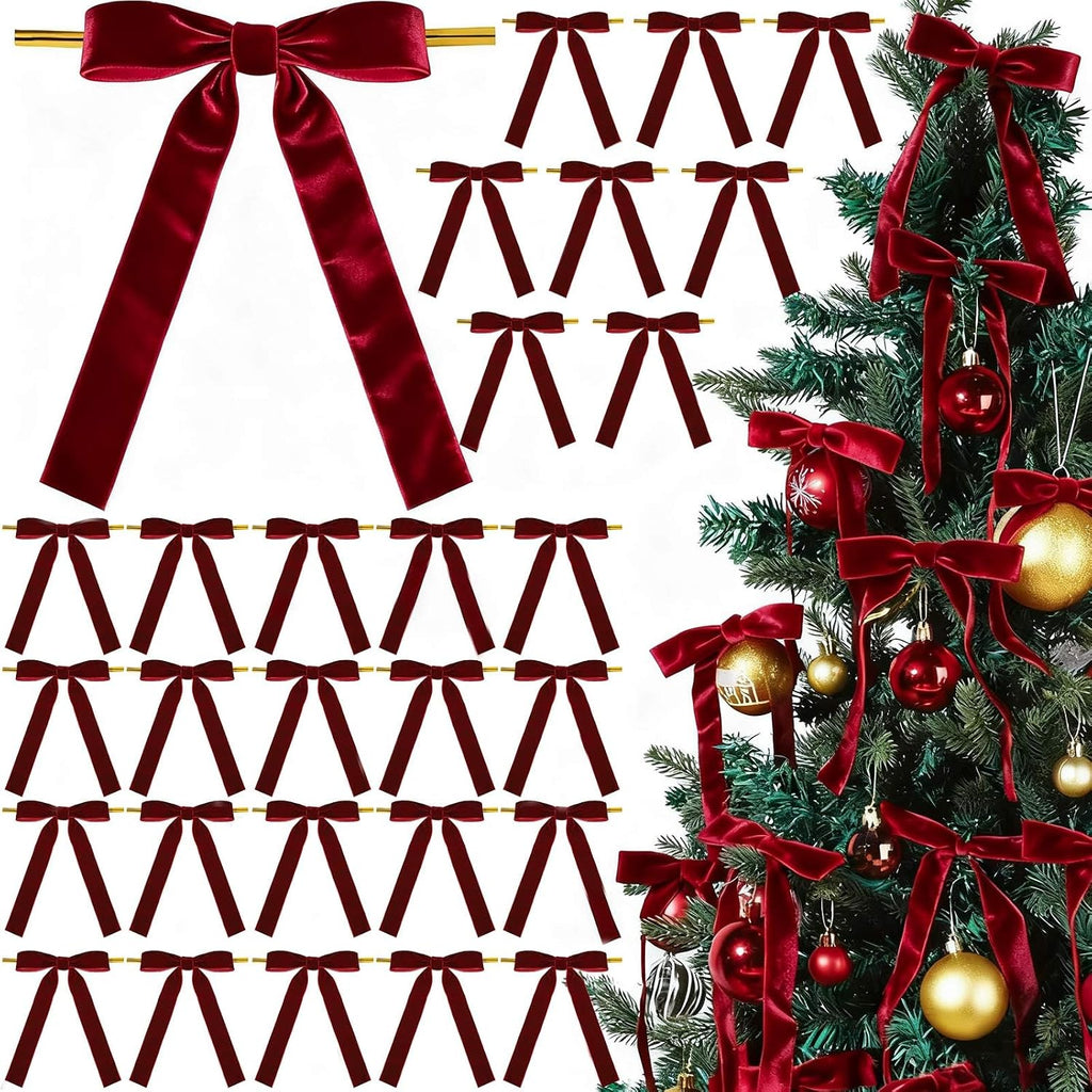 YGDZ 30PCS Red Velvet Bows for Christmas Tree, 5" x 7" Vintage Ribbon Bows for Xmas Decor, Burgundy Christmas Ornaments for Wreath Gift Wrapping, Garland, Treat Bag, Party Decorations