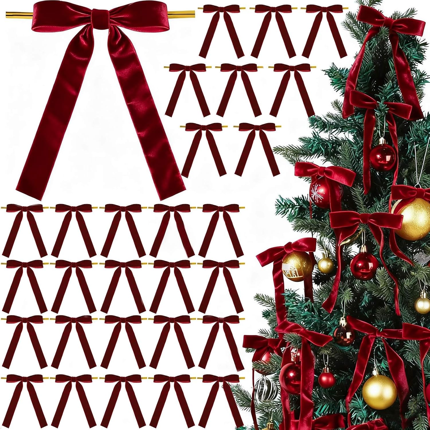 YGDZ 30PCS Red Velvet Bows for Christmas Tree, 5" x 7" Vintage Ribbon Bows for Xmas Decor, Burgundy Christmas Ornaments for Wreath Gift Wrapping, Garland, Treat Bag, Party Decorations