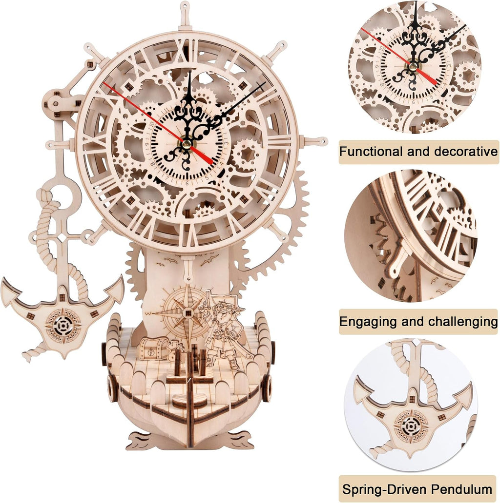 3d wooden puzzle mechanical clock – pirate ship, side view