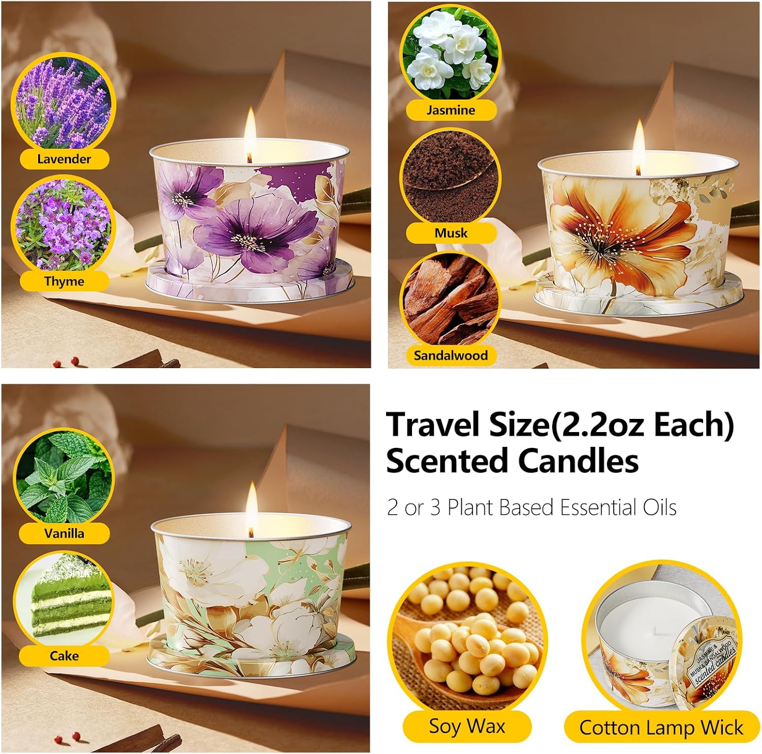 3 Pack Scented Candles-Lavender & Thyme, Vanilla Cake, Jasmine & Musk & Sandalwood, Travel Tin Candle Set, 2.2oz Each, 8-10h Burn Time, Soy Wax, Cotton Wick