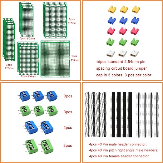 48PCS Double Sided PCB Board Kit for DIY Soldering and Electronic Project Circuit Boards Prototype Boards Compatible with Arduino Kits, 2.54mm Male and Female Header Connector