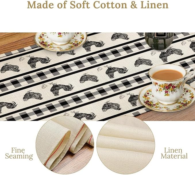 Rooster Table Runner,Farmhouse Animal Vintage Chicken Black White Plaid Check Tablecloth Burlap for Hotel Indoors Outdoor Dining Room Kitchen Home Decor,W13X L108 in