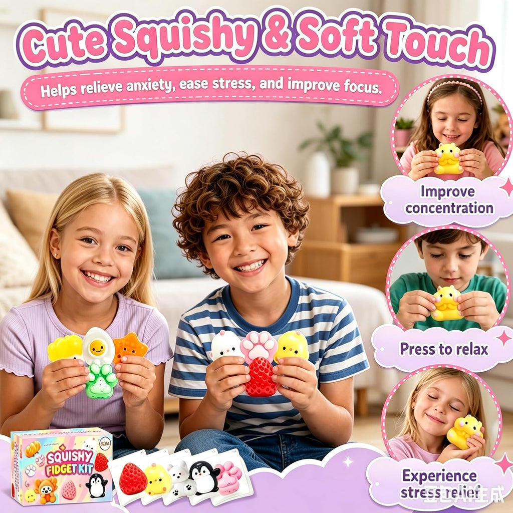 ZiZa 24Pcs Squishy Fun Box Toys Kit Set- Mini Taba Cheap Squishies Fidget Squeezee Toys Pack, Includ Animals, Strawberry, Cat Paw, Penguin, Hamster, Birthday Xmas Gift for Girls Kids