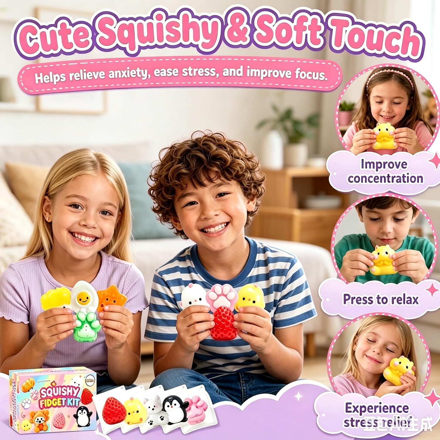 ZiZa 24Pcs Squishy Fun Box Toys Kit Set- Mini Taba Cheap Squishies Fidget Squeezee Toys Pack, Includ Animals, Strawberry, Cat Paw, Penguin, Hamster, Birthday Xmas Gift for Girls Kids