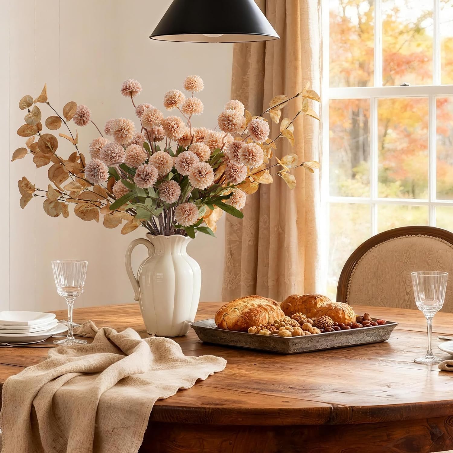 Real-Touch Faux Silk Mums Bouquet, 12 Pcs with 2 Eucalyptus Stems, Bendable Long Stems, Full & Realistic Artificial Flower Arrangement for Vase, Table, Wedding & Wreath Décor, Beige (No Vase)