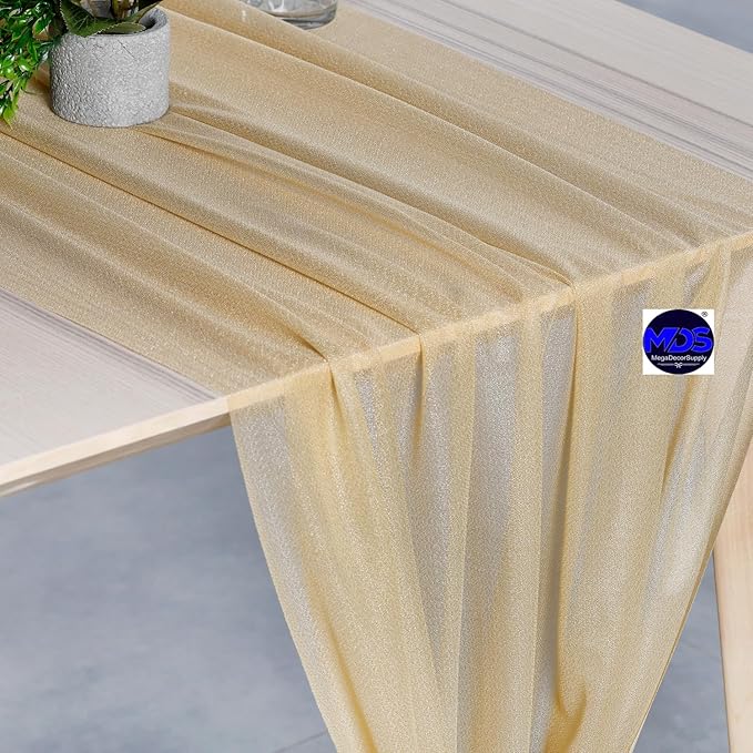 MDS 20 Pack 10ft Chiffon Table Runner 29 x 120 Inches Sheer Wedding Runner Romantic Rustic Table Runner for Wedding Decorations, Birthday Parties, Bridal Shower Party Arch Decor - Champagne Gold