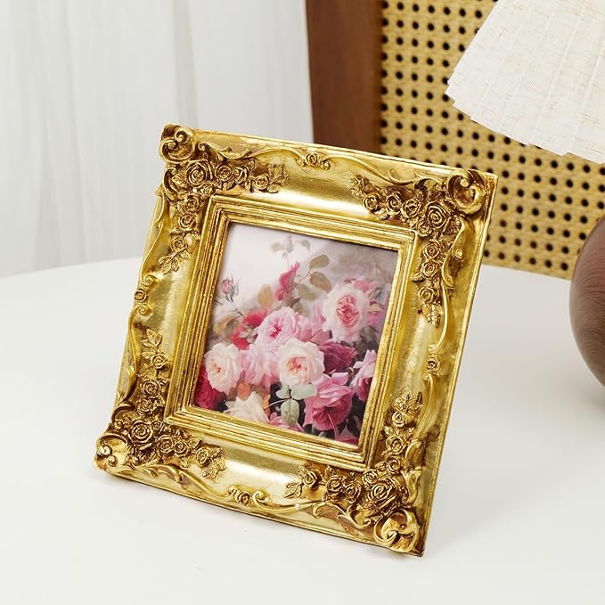 Cuspin Gold Picture Frame 4x4 Frames, Ornate Square Resin Photo Frame with Rose Floral Carvings and Glass Front, Vintage Antique Decorative Picture Frame for Tabletop Display or Home Decor