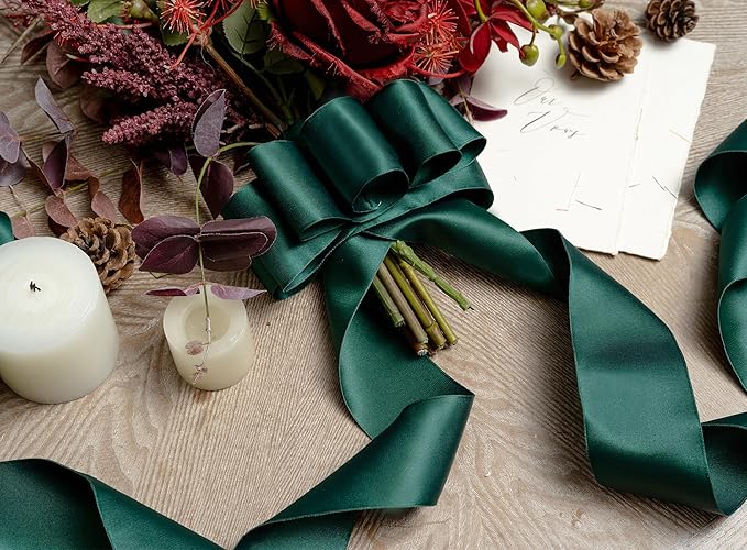 Green Satin Ribbon Double-Faced Wired Ribbons for Gift Wrapping Flower Bouquet Bows Wedding Invitation Christmas Decor Crafts 2-1/2 Inch 10 Yards
