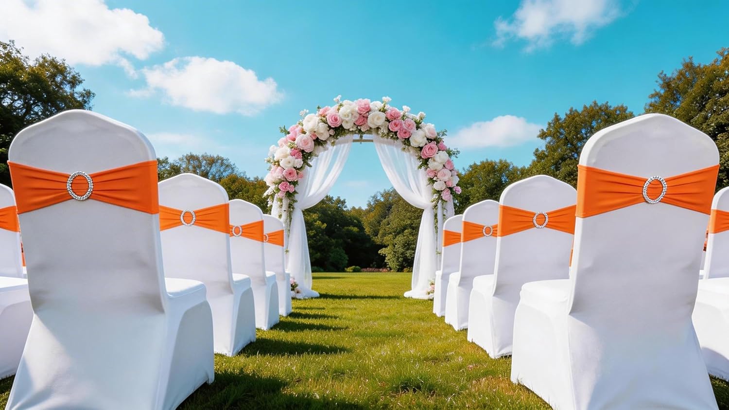 50 Pack Spandex Orange Chair Sashes for Wedding Stretch Chairs Bows Bands with Slider Buckles for Party Birthday Feast Banquet Restaurant Halloween Christmas Events Decorations