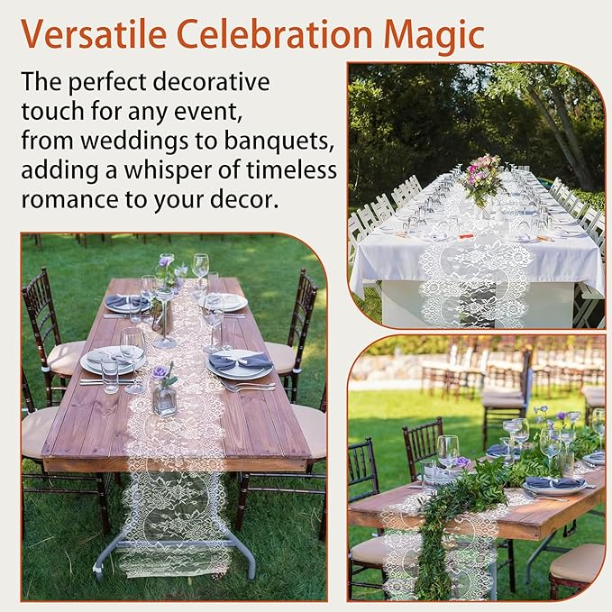 3 Pcs White Lace Table Runners 14 x 120 Inch Boho Rose Embroidered Floral Vintage Rustic Table Decoration for Wedding Party Bridal Shower Decorations