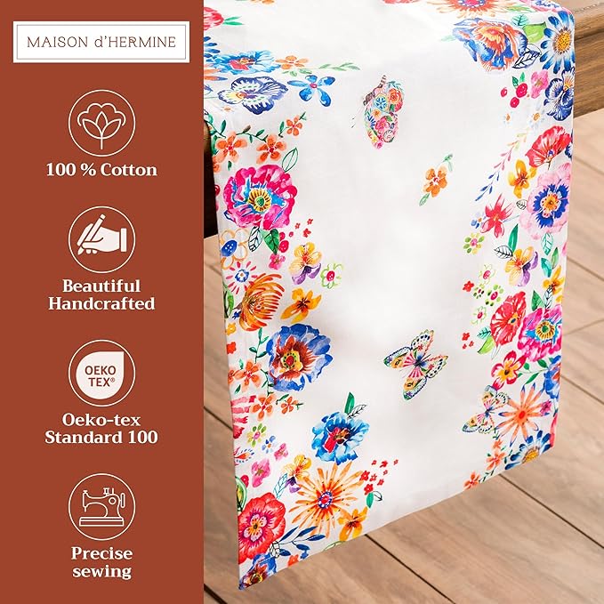 Maison d' Hermine Table Runner 100% Cotton Single Layer Table Runners 72 inches Long Decorative for Home Dining Party Wedding Bridal Shower Spring Summer (Happy Florals - High Summer, 14.50" x 72")