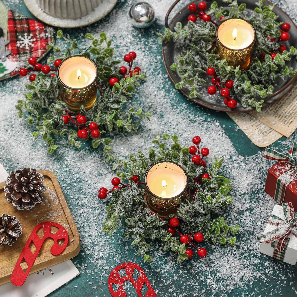 Christmas Candle Ring, 4 Pcs Gold Votive Candles with Red Berry Xmas Candle Ring Wreath for Christmas Table Centerpiece Decoration Party Holiday