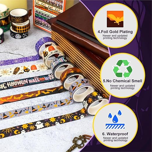 16 Rolls Halloween Washi Tape Holiday Masking Tape Stickers Glod Foil Decorative Tape for Scrapbook Journal DIY Craft Gift Wrapping（Halloween