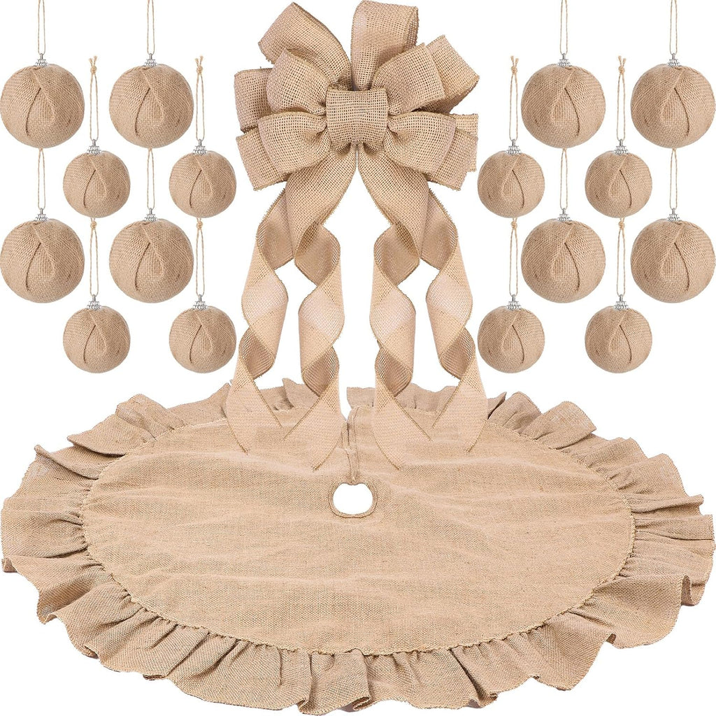 Syhood Christmas Tree Burlap Decorations 12 x 33 Inch Christmas Tree Topper Decorative Big Hanging Bow, 16 Pcs Burlap Xmas Ball Ornaments and 40 Inch Double Layer Skirt(Linen)