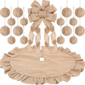 Syhood Christmas Tree Burlap Decorations 12 x 33 Inch Christmas Tree Topper Decorative Big Hanging Bow, 16 Pcs Burlap Xmas Ball Ornaments and 40 Inch Double Layer Skirt(Linen)
