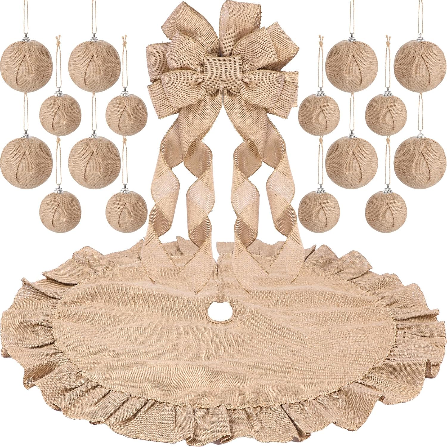 Syhood Christmas Tree Burlap Decorations 12 x 33 Inch Christmas Tree Topper Decorative Big Hanging Bow, 16 Pcs Burlap Xmas Ball Ornaments and 40 Inch Double Layer Skirt(Linen)